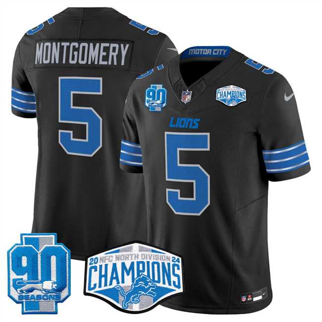 Mens Detroit Lions #5 David Montgomery Black 2024 NFC North Champions 90th Anniversary Patch F.U.S.E. Vapor Limited Stitched Jersey